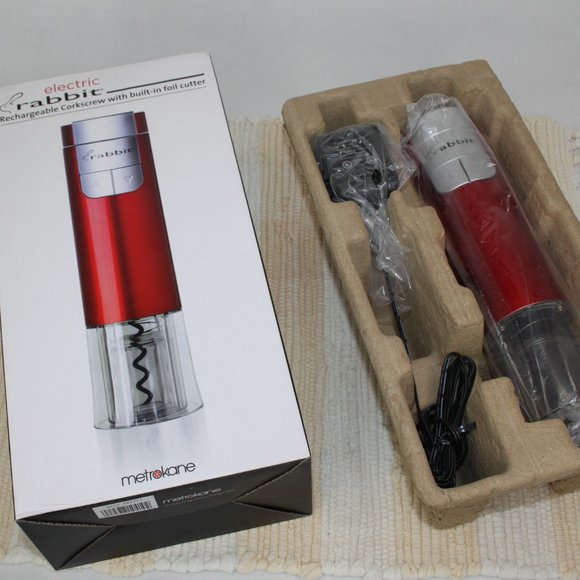 ELECTRIC RABBIT RECHARGEABLE CORKSCREW w/BUILT-IN FOIL CUTTER RED METROKANE - Picture 8 of 10